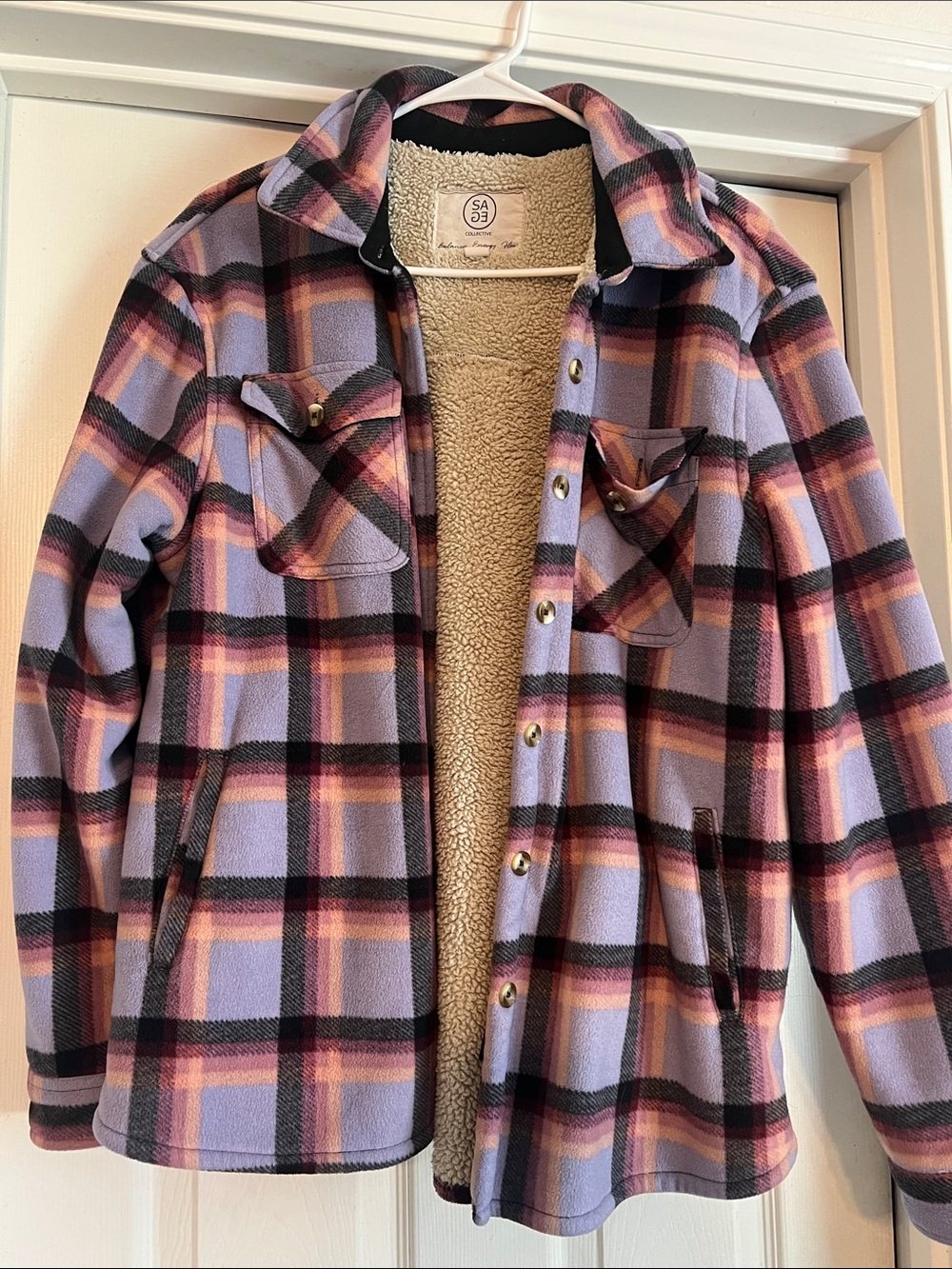 Sage Lavender Pink Plaid Teddy-Lined Jacket